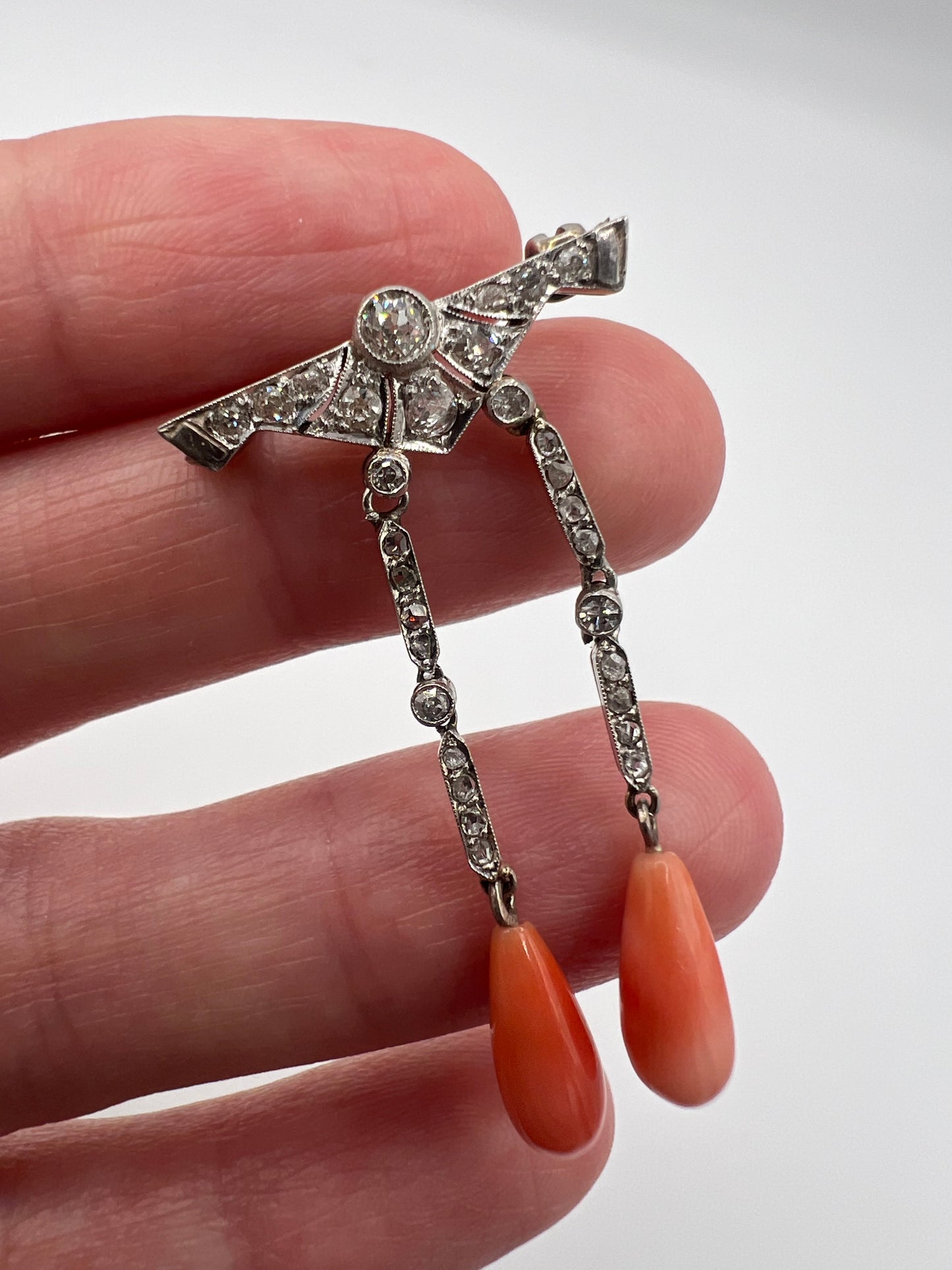 Art Deco Platinum Diamond Coral Brooch