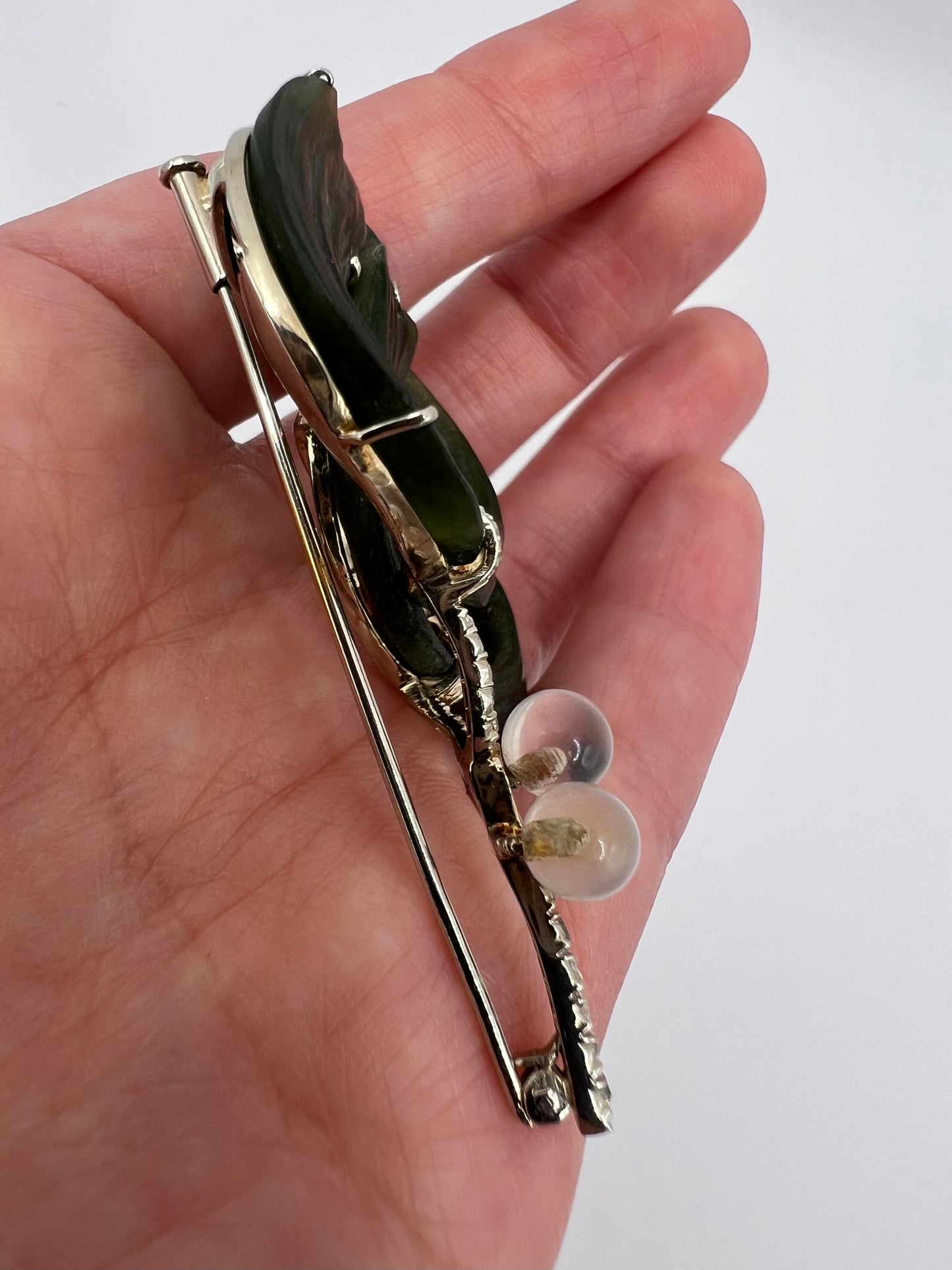 Nephrite Jade, Moonstone, Diamond White Gold Christmas Mistletoe Brooch / Pendant