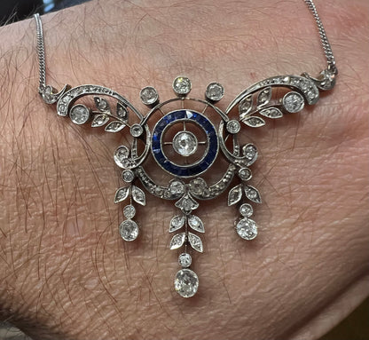 Antique Belle Époque diamond 18ct White Gold Sapphire Lavalier Necklace