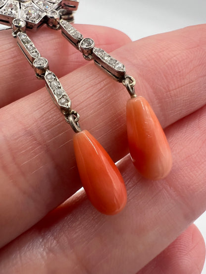 Art Deco Platinum Diamond Coral Brooch