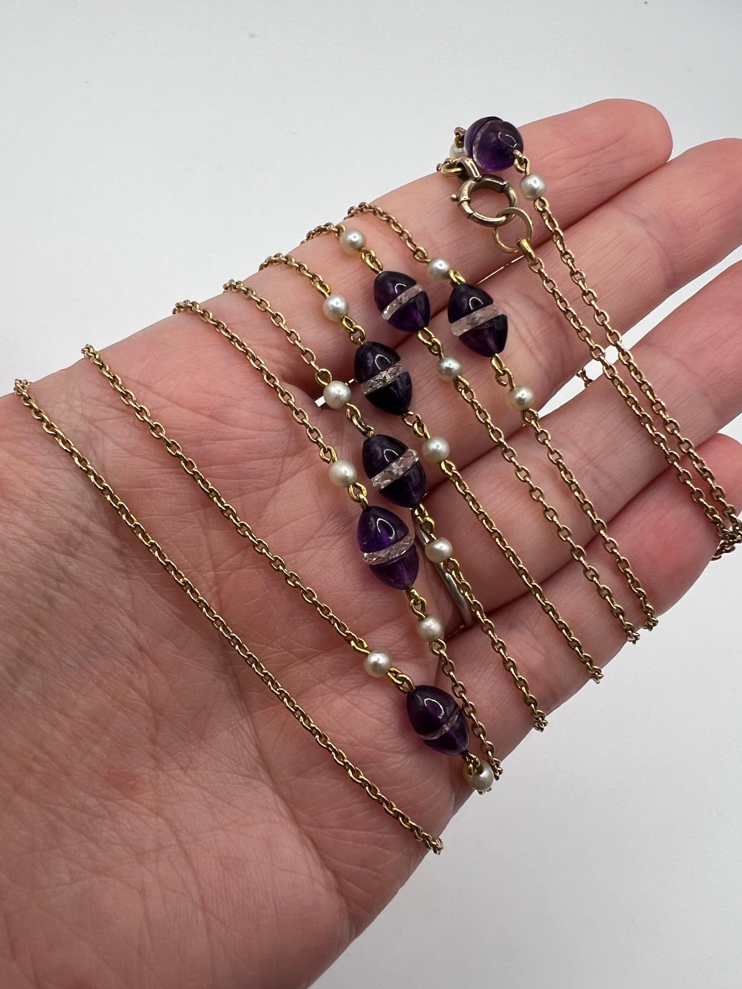 56" Long Art Deco Rose Gold Long Amethyst Pearl Rock Crystal Chain
