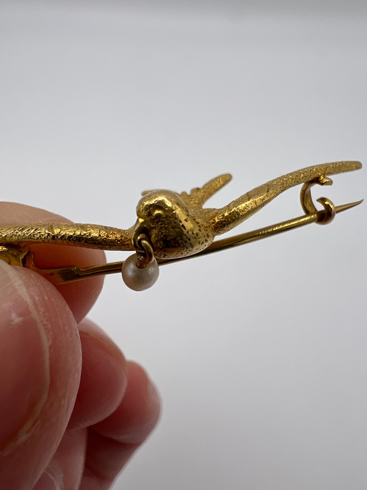 RESERVED 15ct Gold Swallow With Pearl Brooch
