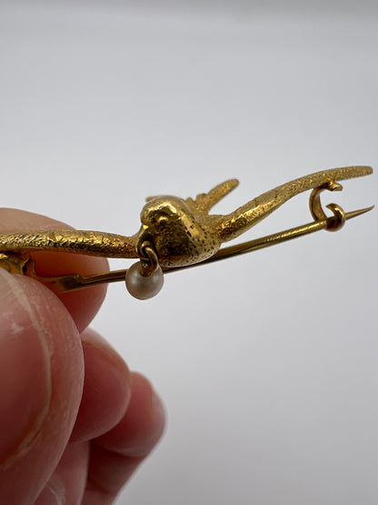 RESERVED 15ct Gold Swallow With Pearl Brooch