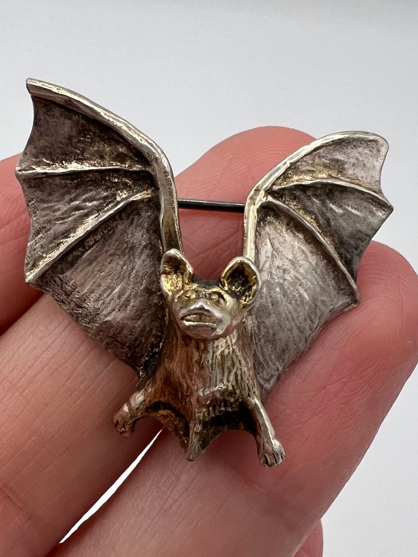 Art Nouveau Style Silver Flying Bat Brooch