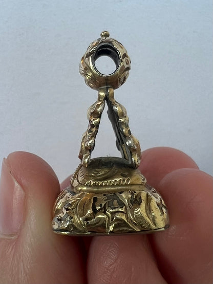 Early Victorian Gold Cased Watch Fob Pendant With Carved Stag Intaglio