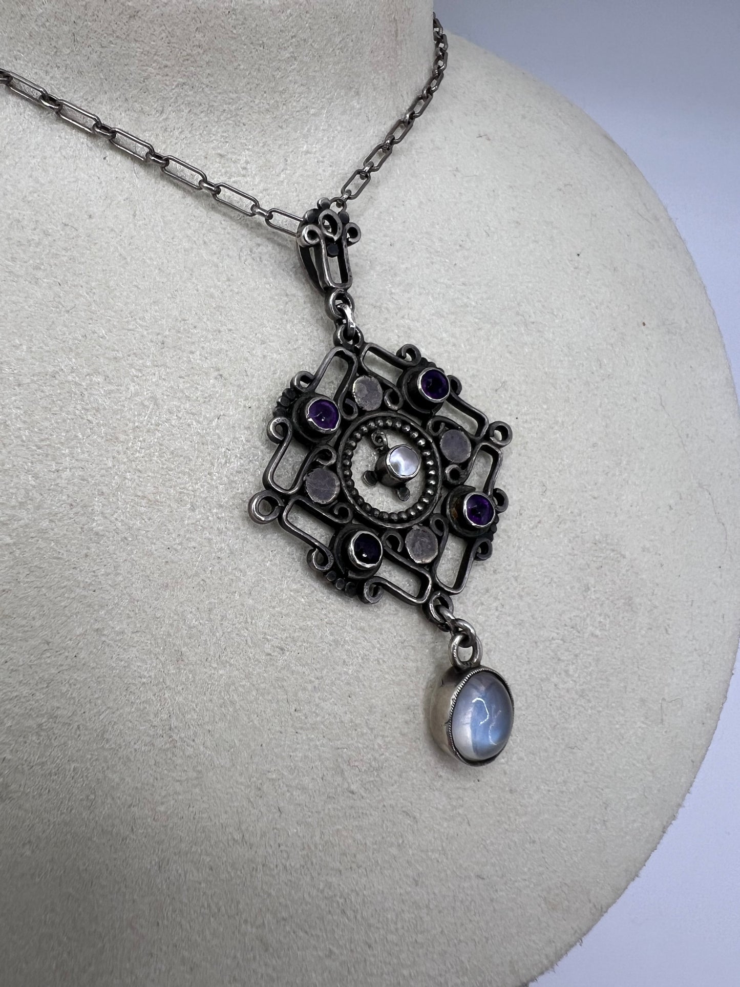 Liberty William Hair Haseler Arts and Crafts Silver Moonstone Amethyst Pendant