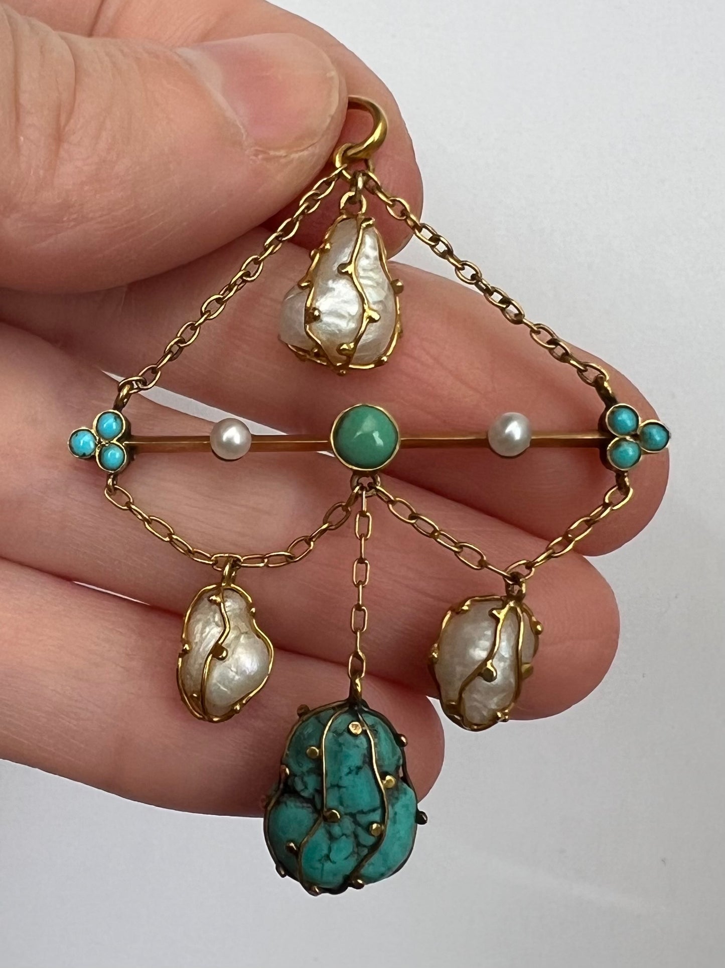 18ct Gold Arts & Crafts Pearl Turquoise Pendant Possibly Liberty