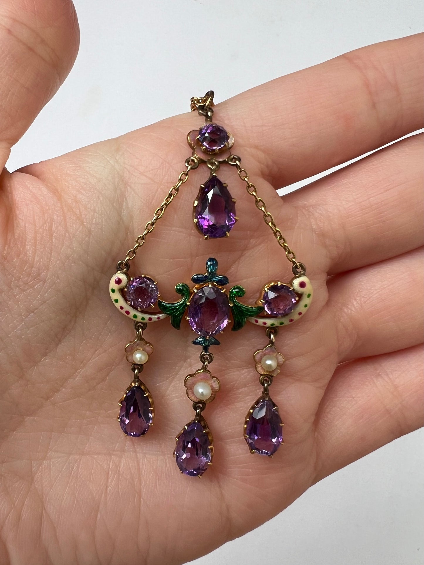 Sentimental Victorian 15ct Gold Amethyst Necklace in Suffragette Colours
