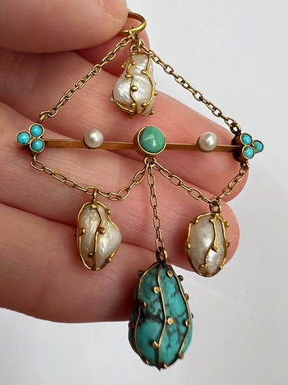 18ct Gold Arts & Crafts Pearl Turquoise Pendant Possibly Liberty