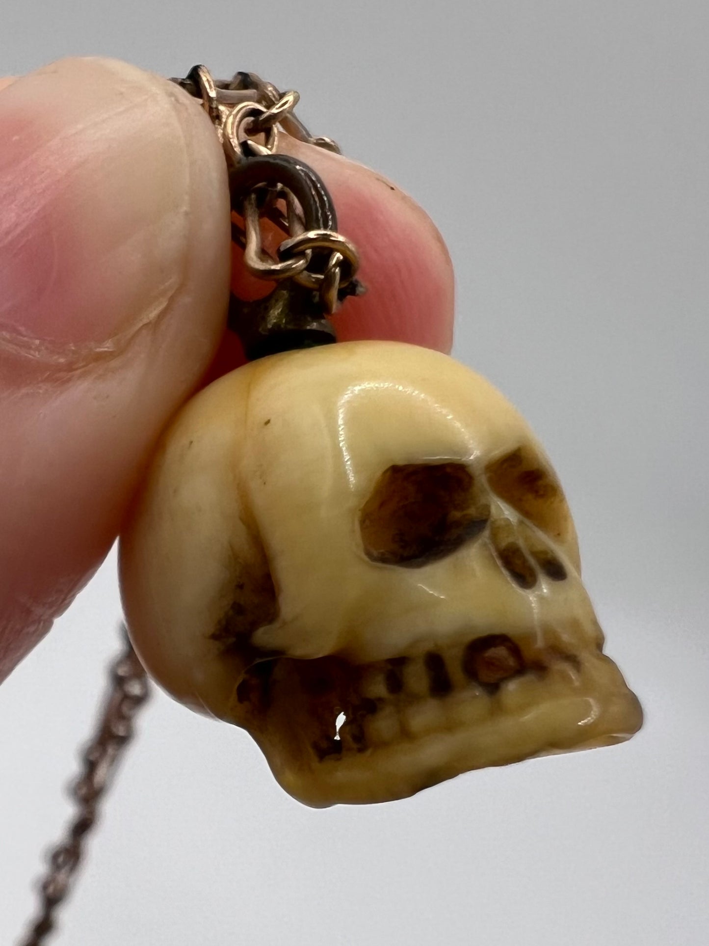 Japanese Antique Skull Charm On 9ct Gold Fetter Link Chain