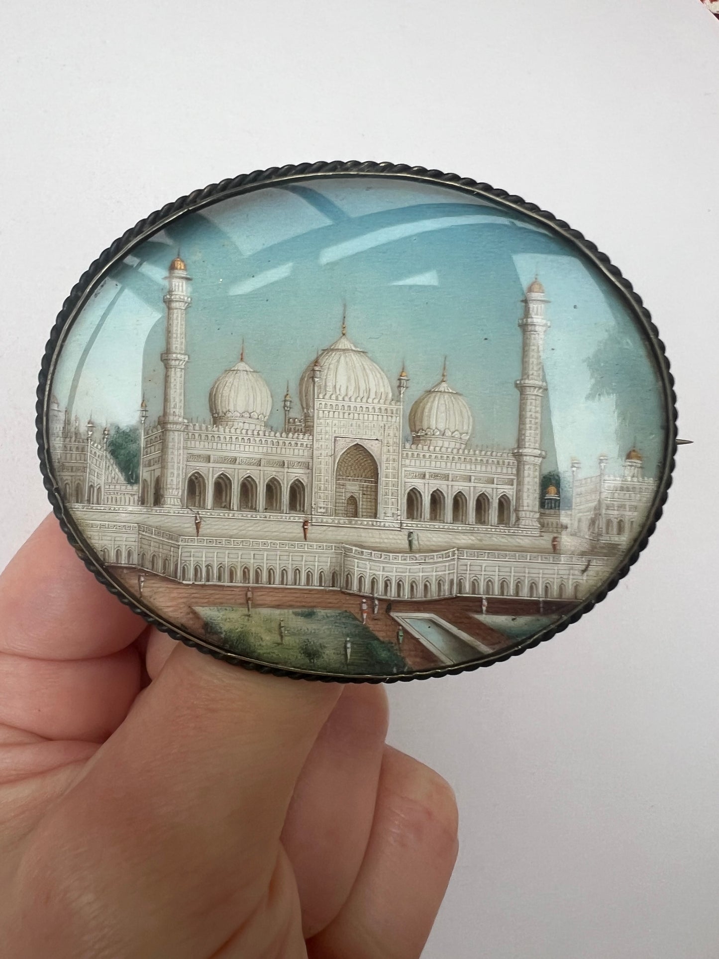 Indian Very Large Hand Painted Taj Mahal Silver Gilt Brooch