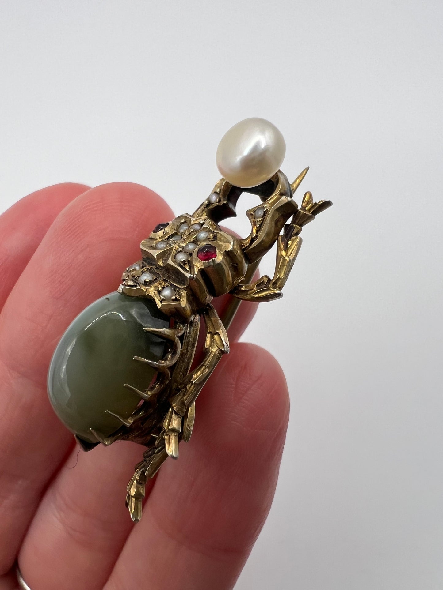 RESERVED Please enquire - Egyptian Revival Scarab Beetle Pushing Pearl Brooch