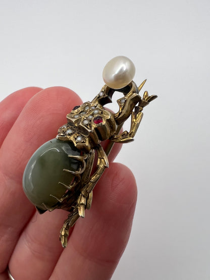 RESERVED Please enquire - Egyptian Revival Scarab Beetle Pushing Pearl Brooch