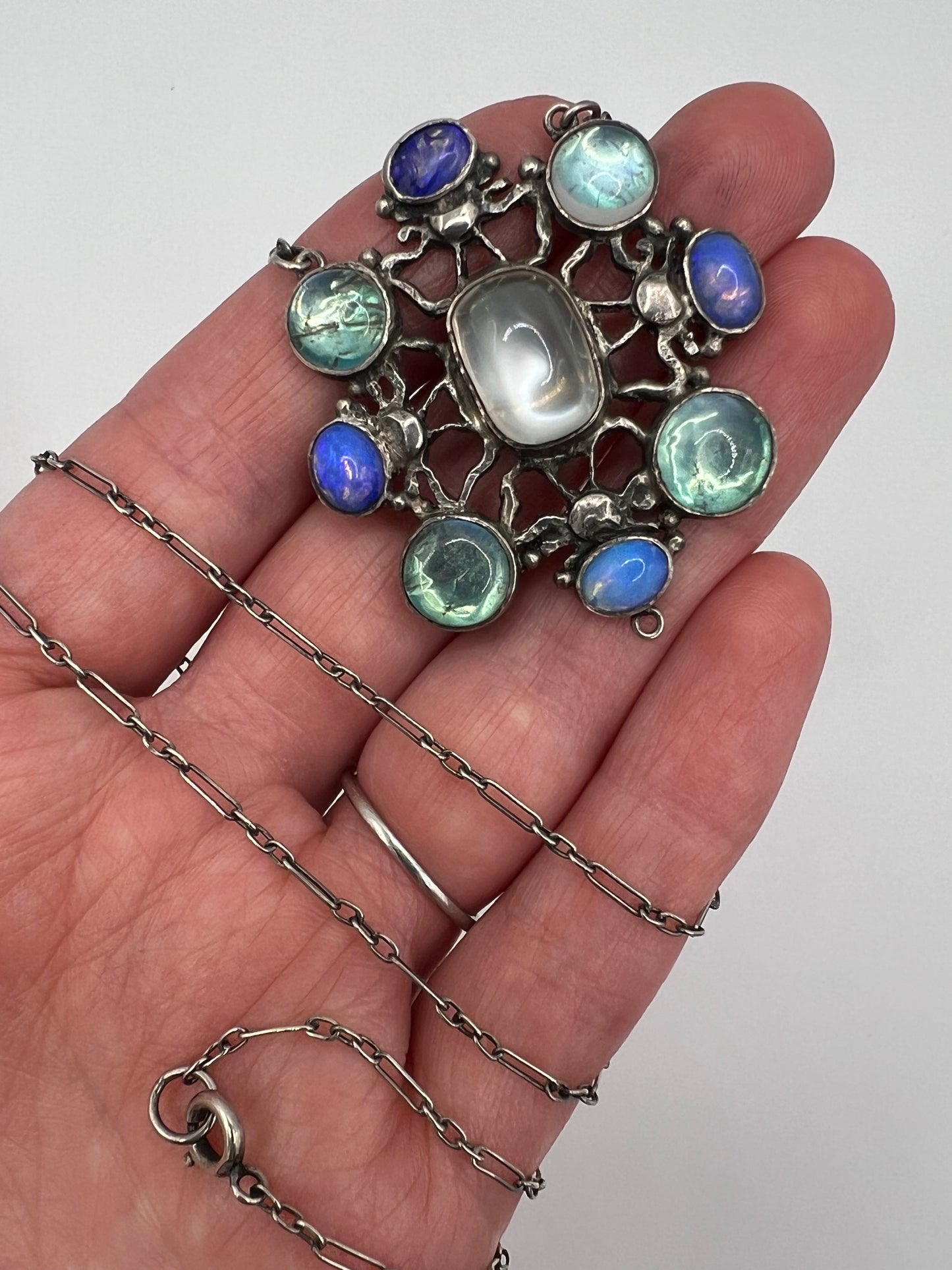 Arts And Crafts Silver Moonstone Necklace & Chain Attr Sybil Dunlop