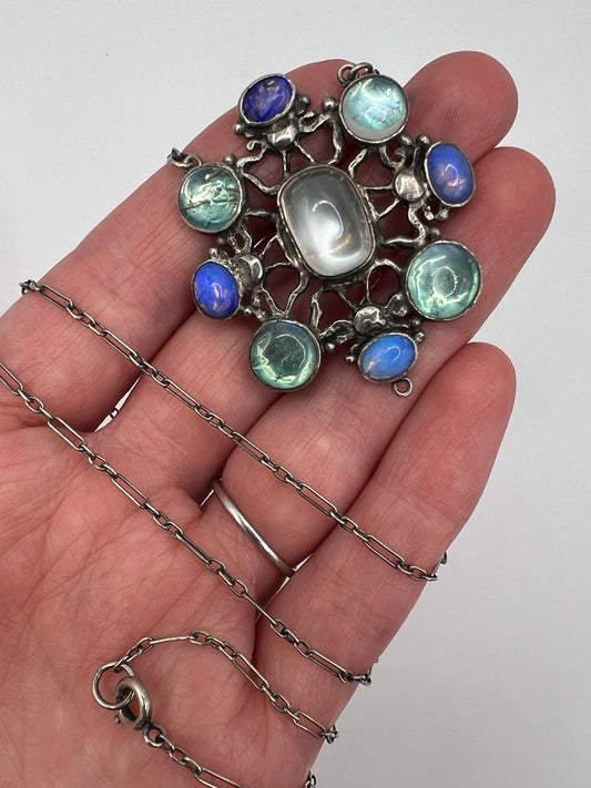 Arts And Crafts Silver Moonstone Necklace & Chain Attr Sybil Dunlop
