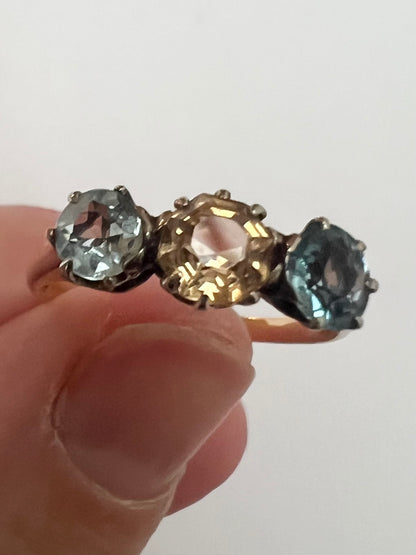 Peach Pink Topaz & Aquamarine 3 Stone Harlequin Pastel Colour Ring in 18ct Gold