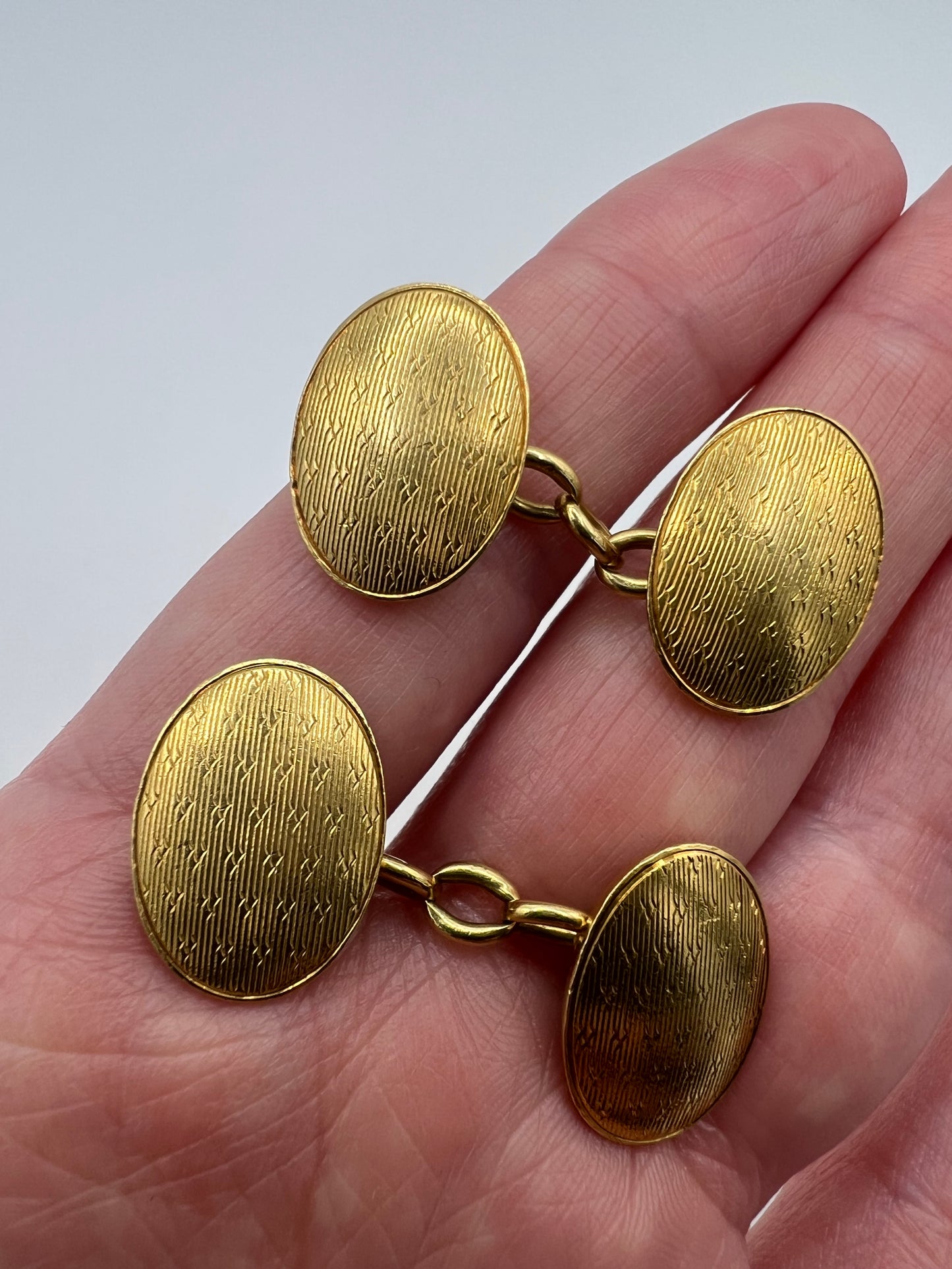Gold Art Deco Solid 18ct Engine Turned Oval Double Cufflinks