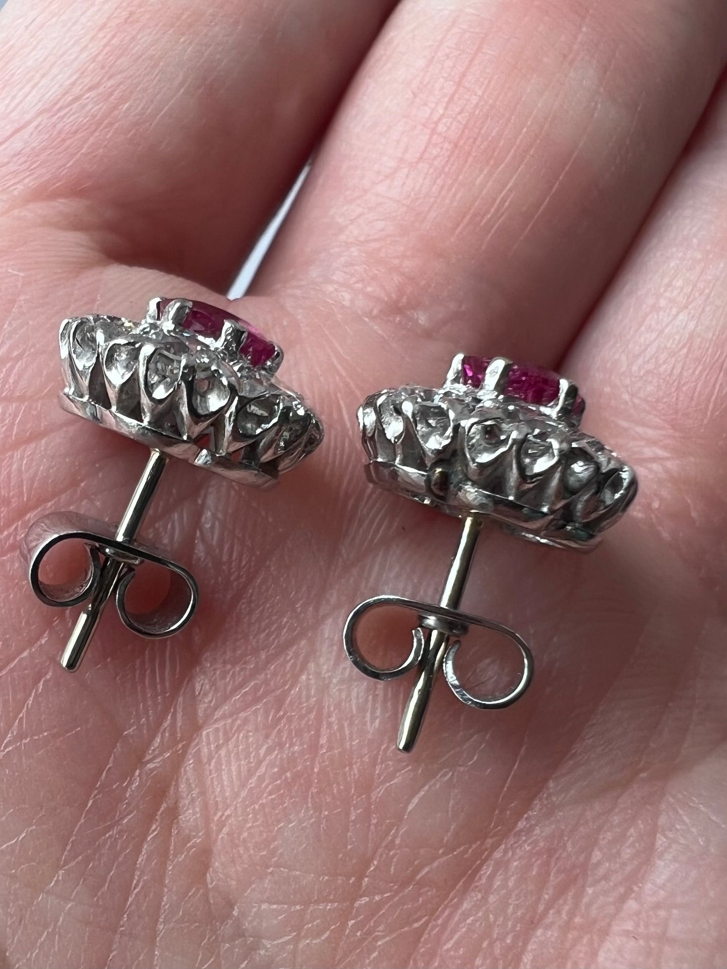 Late Art Deco 1950s Natural Ruby Diamond Daisy Cluster Stud Earrings, Boxed 18ct White Gold
