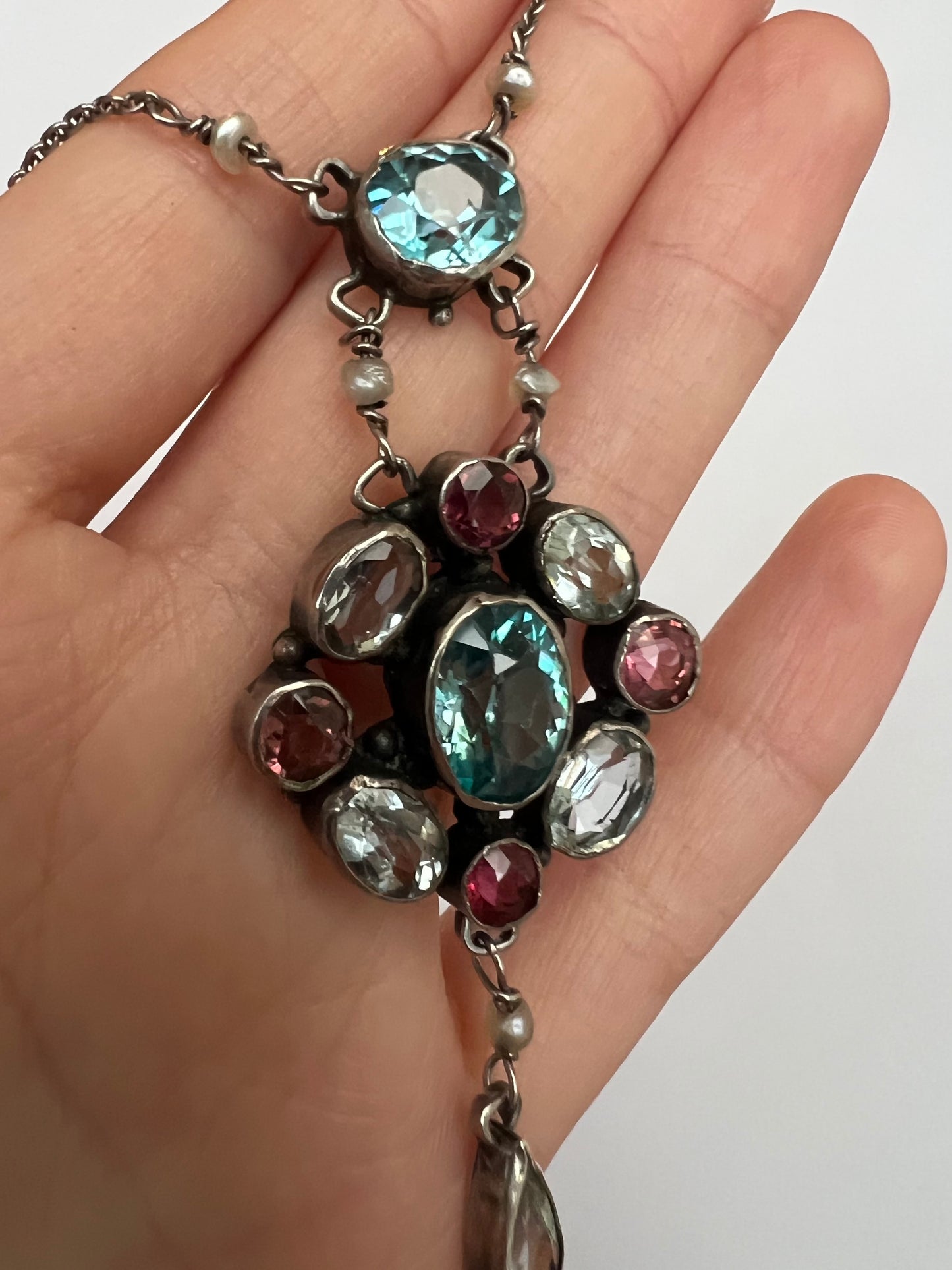 Pink Tourmaline Blue Zircon Rock Crystal Arts & Crafts Silver Pendant. Reserved, please enquire