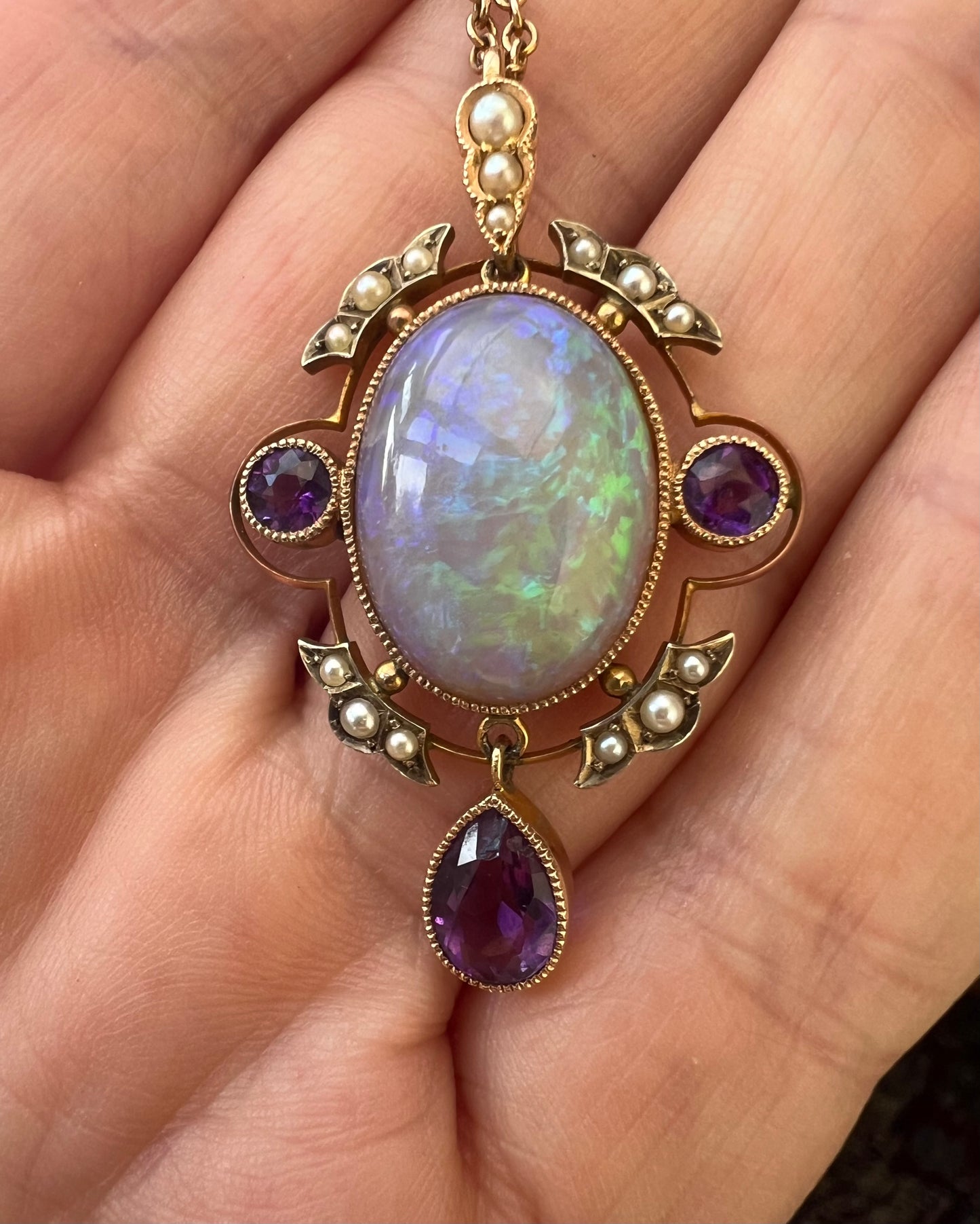 Striking Antique Large Opal Amethyst & Seed Pearl Pendant & Chain