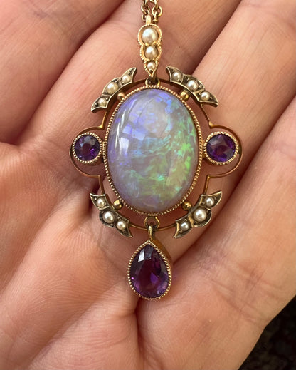 Striking Antique Large Opal Amethyst & Seed Pearl Pendant & Chain