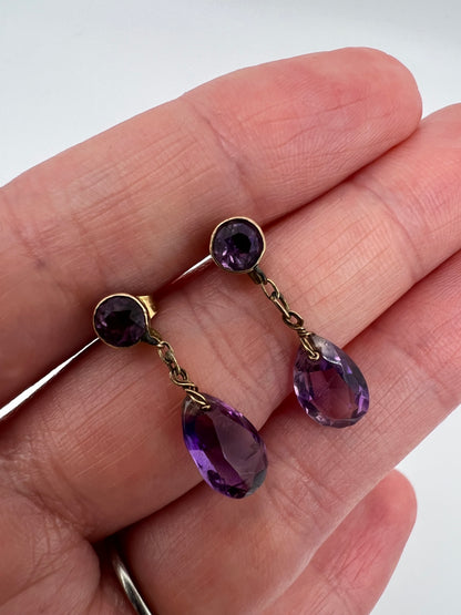 Sweet Edwardian Amethyst Teardrop Pear Cut Gold Drop Earrings