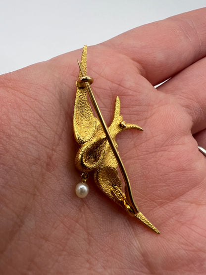 RESERVED 15ct Gold Swallow With Pearl Brooch