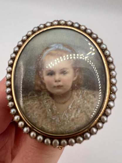 Oval Portrait Miniature Brooch Of Pretty Girl in Gold And Pearl Frame