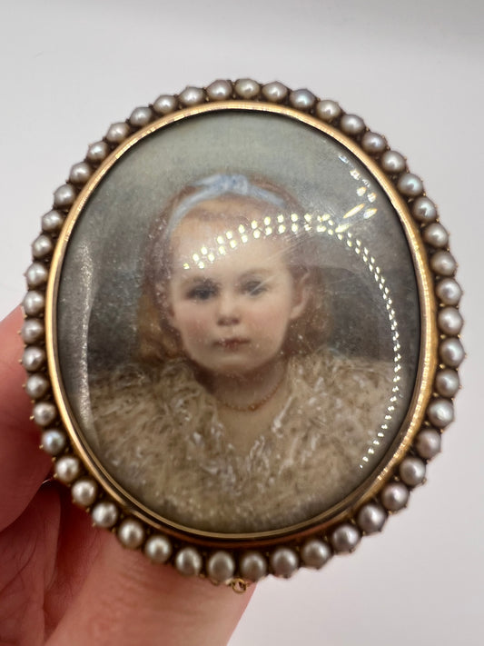Oval Portrait Miniature Brooch Of Pretty Girl in Gold And Pearl Frame