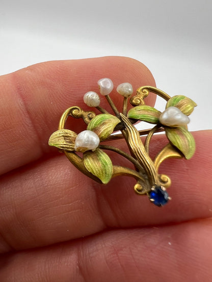 Sweet Gold Pearl Sapphire Enamel Art Nouveau Brooch Pin / Pendant