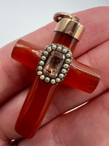 Georgian Reliquary Carnelian Imperial Topaz Gold & Pearl Crucifix
