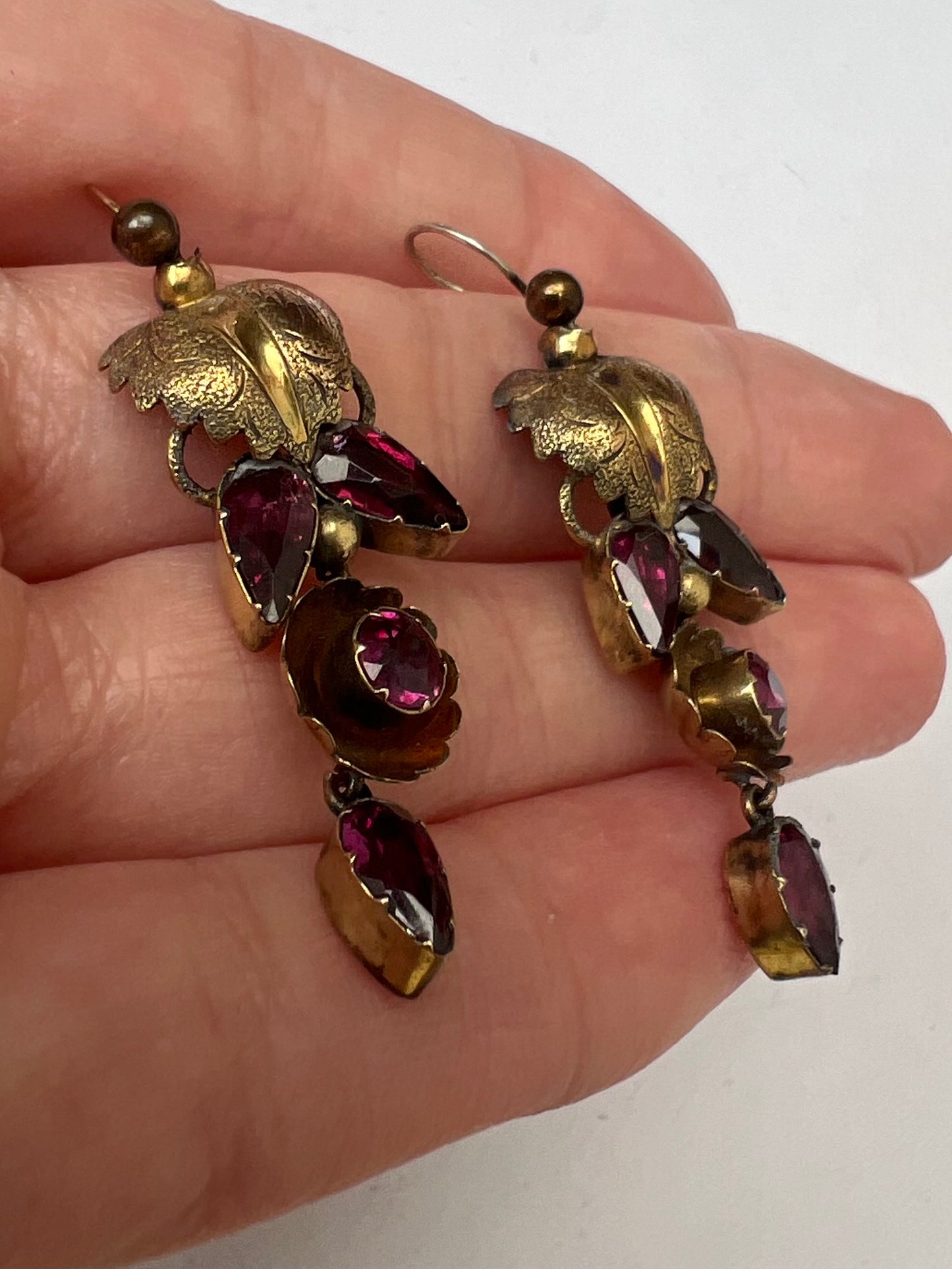 Gold Early 19th Century Pink Almandine Garnet Leaf Earrings