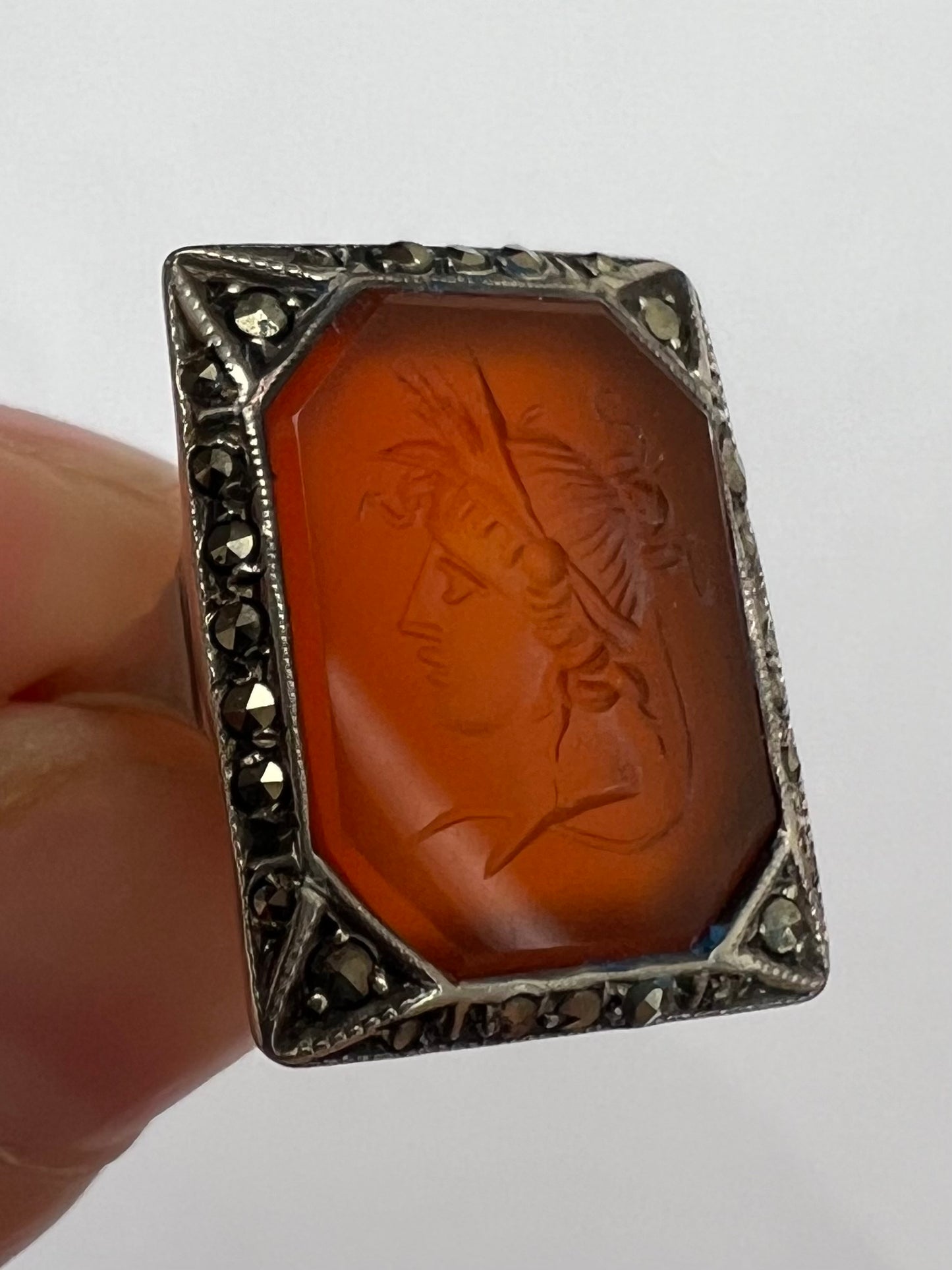 Carnelian Intaglio Hardstone Seal Ring in Gold Silver Marcasite