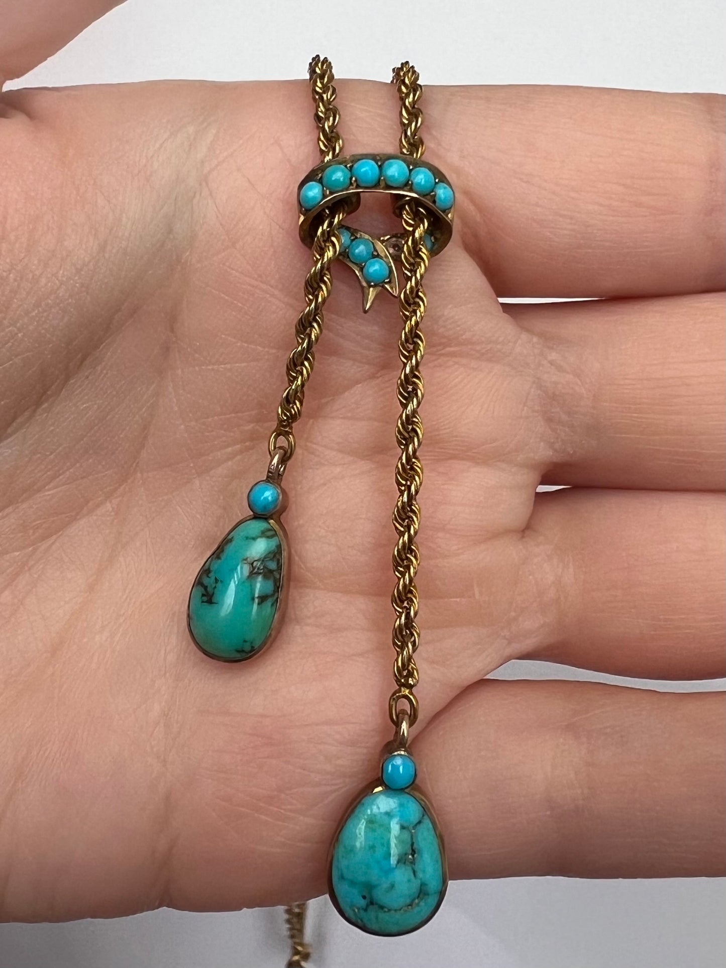 c1915 Turquoise & Gold Negligee Double Drop Pendant Necklace