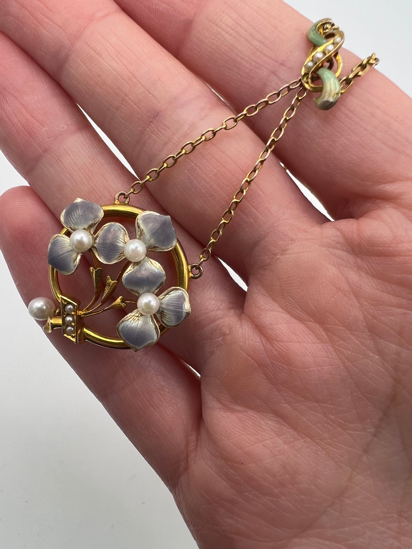 Art Nouveau Pansy Flower Enamel & Pearl Gold Necklace