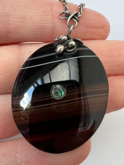 Arts & Crafts Banded Agate Silver Pendant Necklace