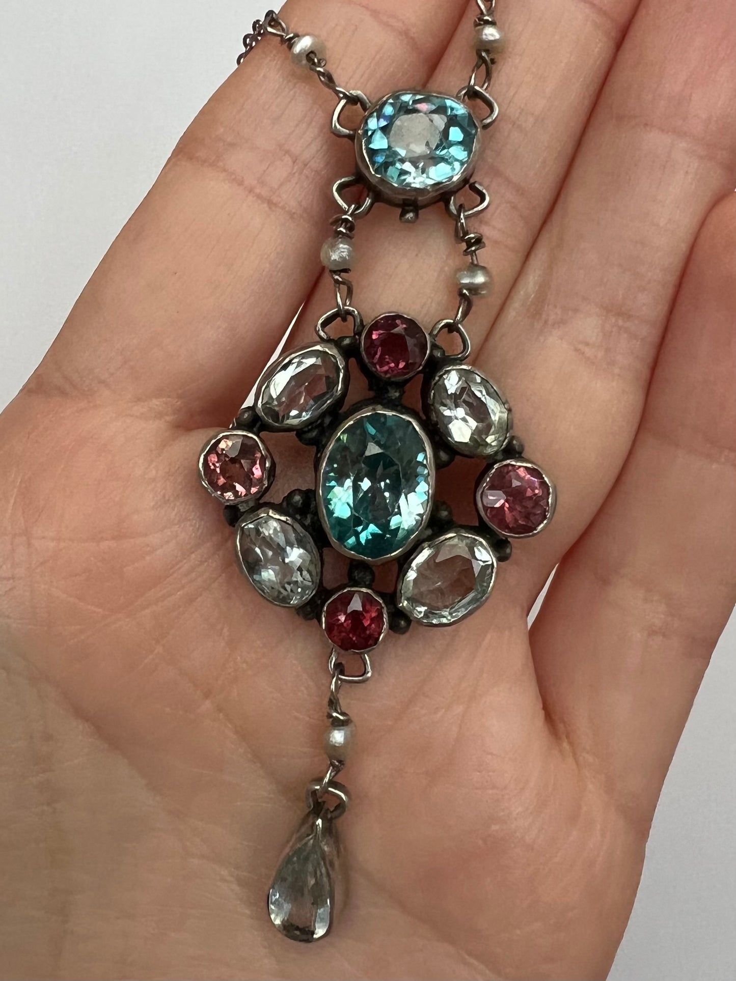 Pink Tourmaline Blue Zircon Rock Crystal Arts & Crafts Silver Pendant. Reserved, please enquire