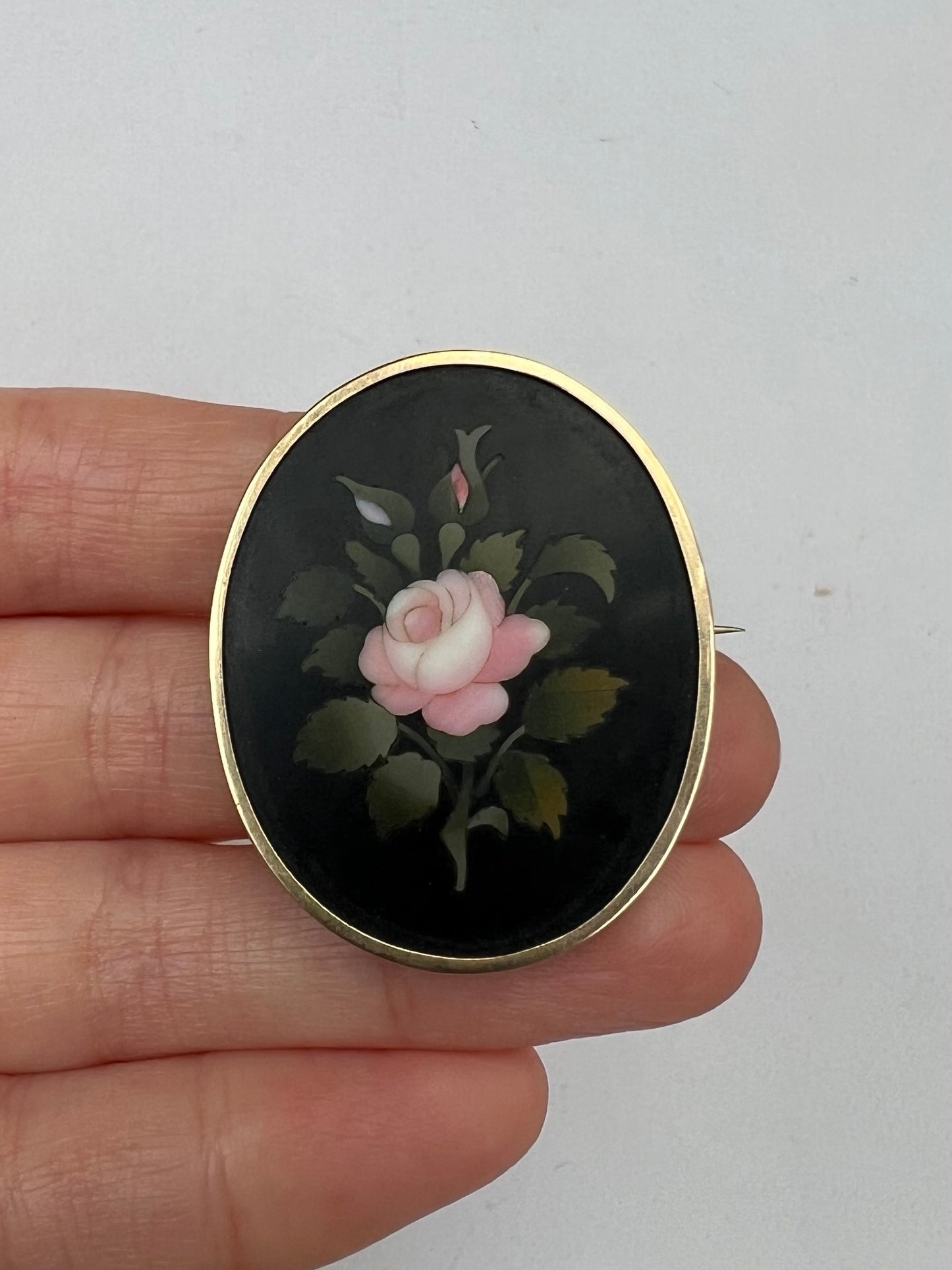 Pietra Dura Rose Oval Gold Flower Brooch