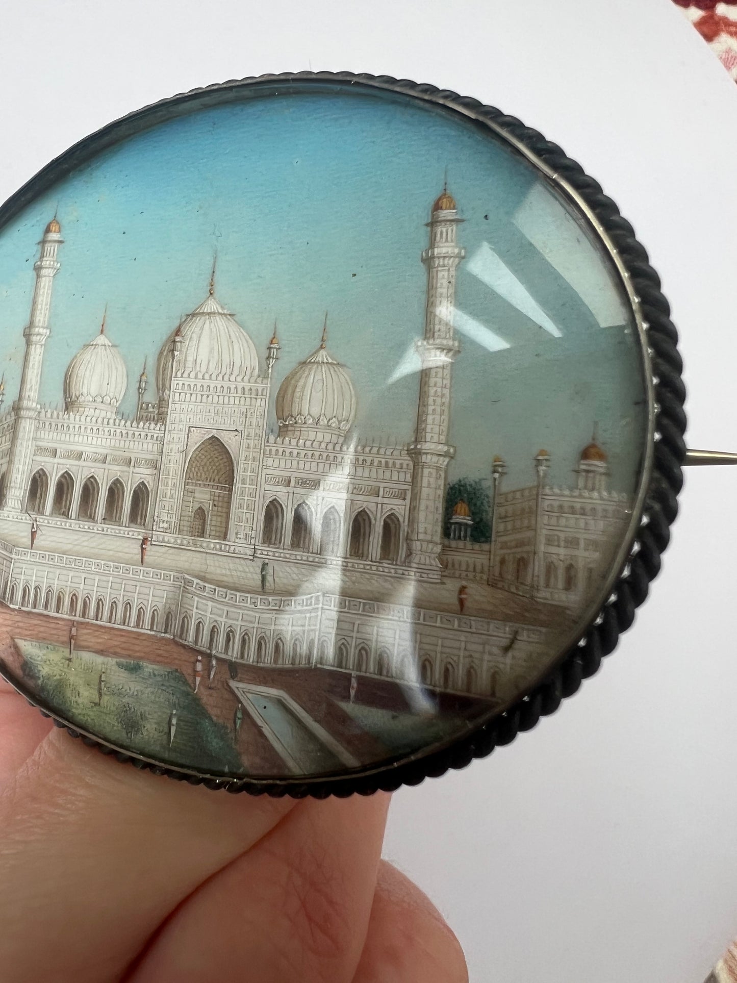 Indian Very Large Hand Painted Taj Mahal Silver Gilt Brooch