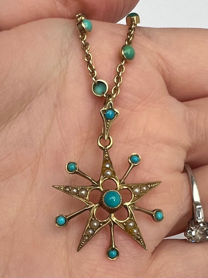 15ct Gold Fancy Turquoise Chain and Turquoise Pearl Star Pendant
