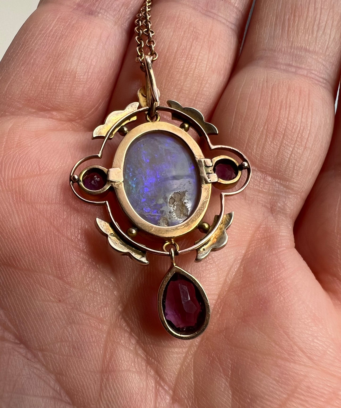 Striking Antique Large Opal Amethyst & Seed Pearl Pendant & Chain