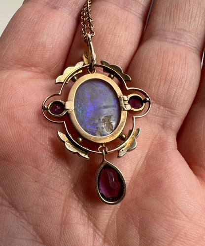 Striking Antique Large Opal Amethyst & Seed Pearl Pendant & Chain