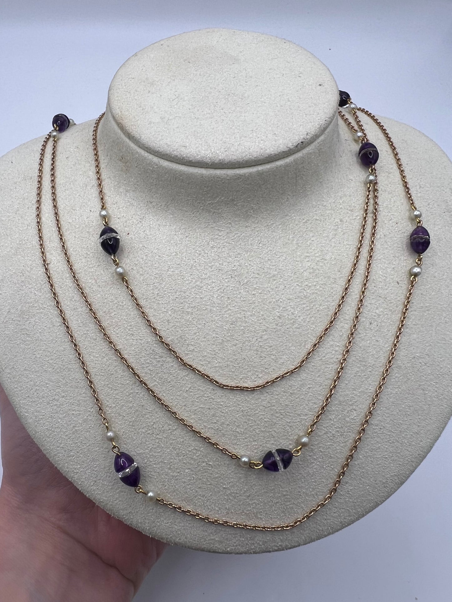 56" Long Art Deco Rose Gold Long Amethyst Pearl Rock Crystal Chain
