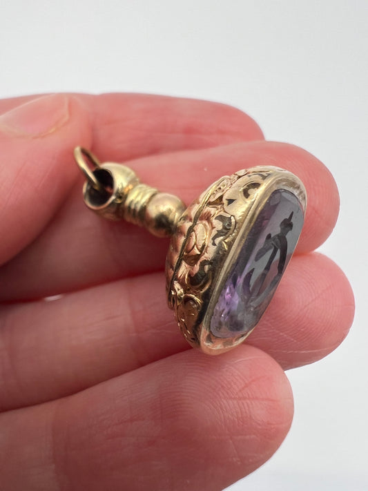 Amethyst Intaglio Victorian Gold Cased Fob Seal CI, IC, CJ, JC initials