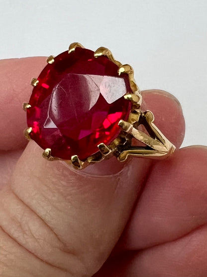 22ct Gold Large Created Ruby Hand Faceted Gents Pinky Ring