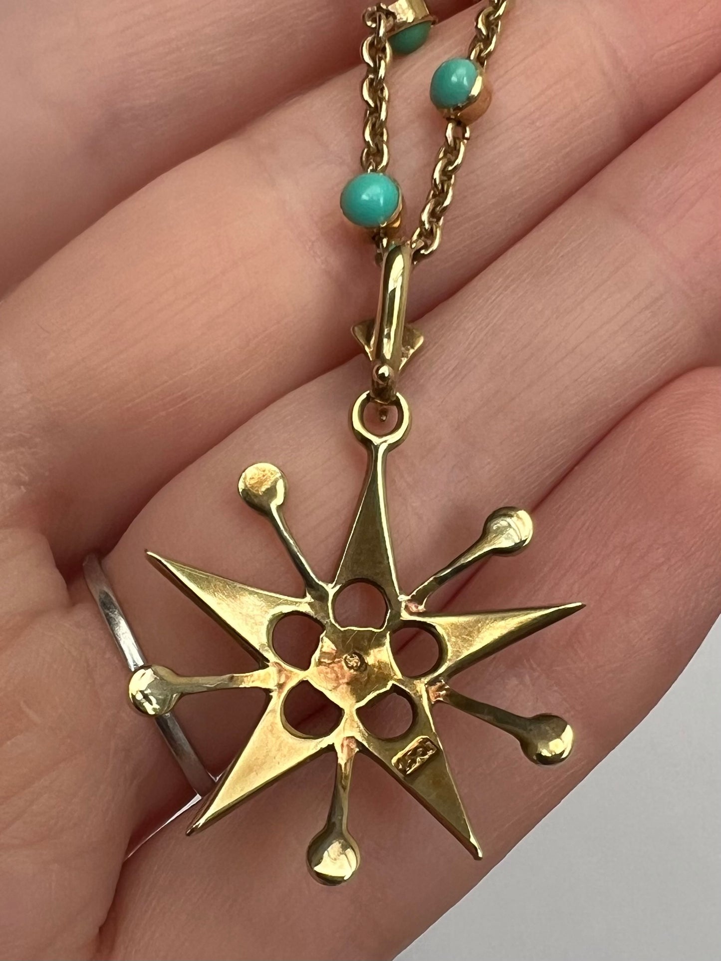 15ct Gold Fancy Turquoise Chain and Turquoise Pearl Star Pendant