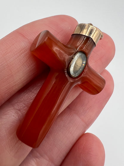 Georgian Reliquary Carnelian Imperial Topaz Gold & Pearl Crucifix