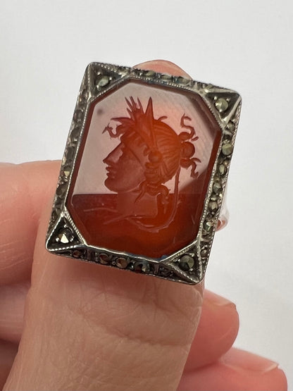 Carnelian Intaglio Hardstone Seal Ring in Gold Silver Marcasite