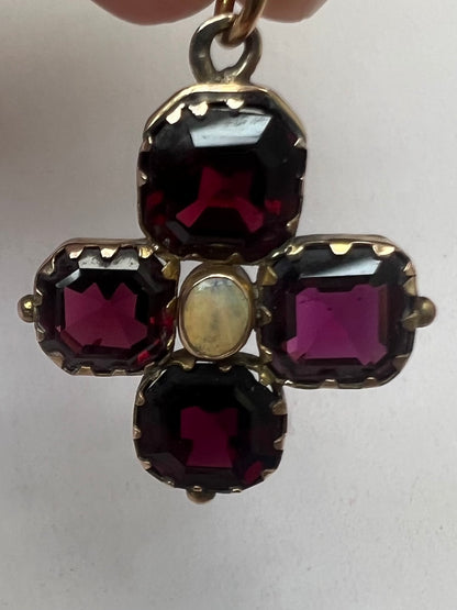 Georgian Revival Victorian Gold Almandine Garnet Opal Cruciform Pendant