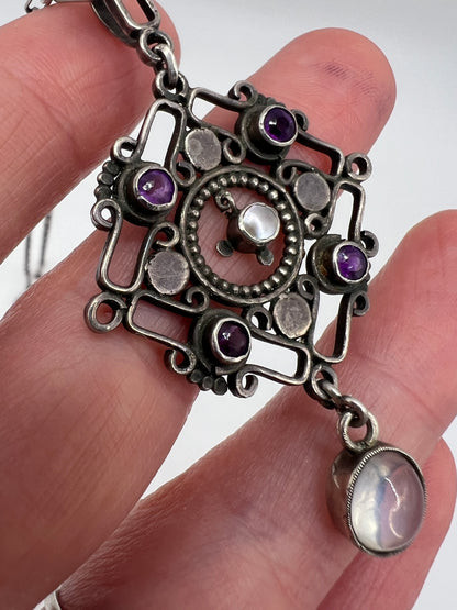 Liberty William Hair Haseler Arts and Crafts Silver Moonstone Amethyst Pendant